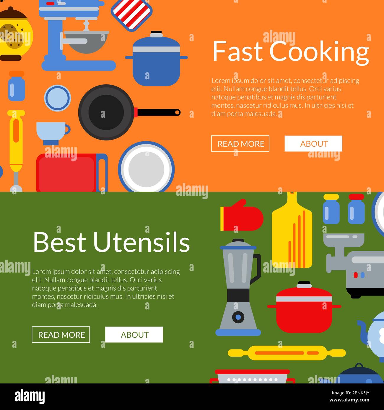 Vector flat style kitchen utensils banners illustration Stock Vector