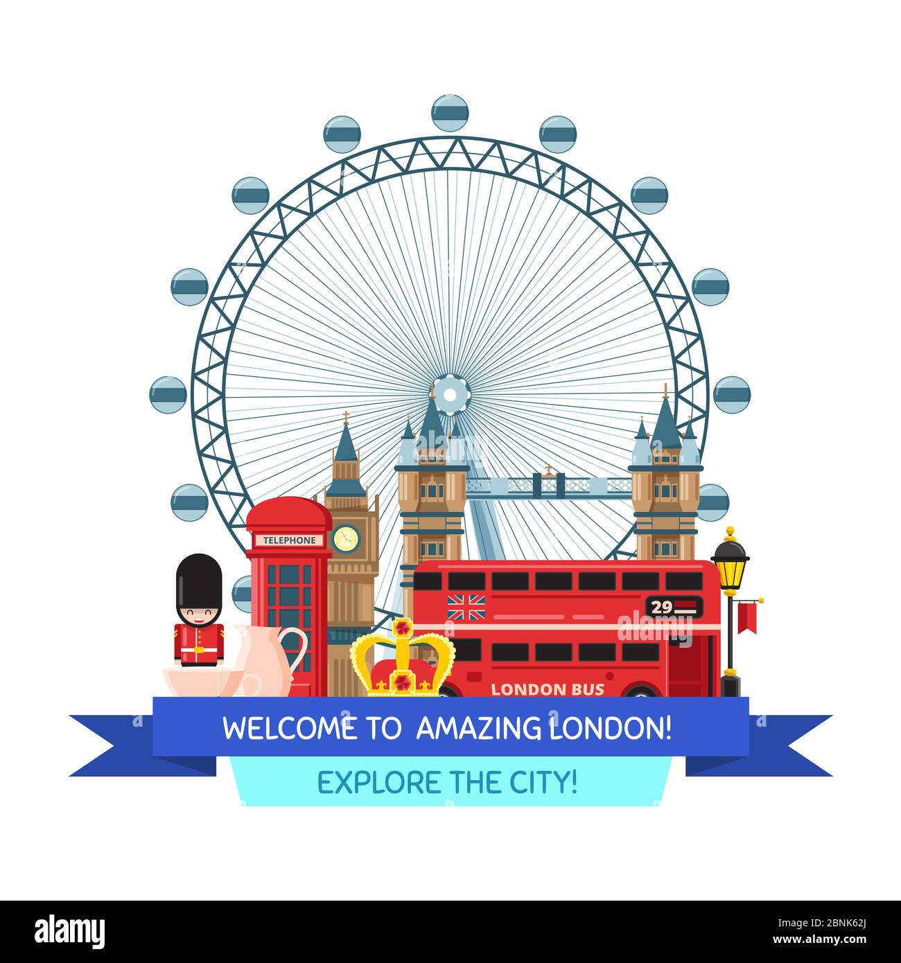 Vector cartoon London sights and objects illustration Stock Vector