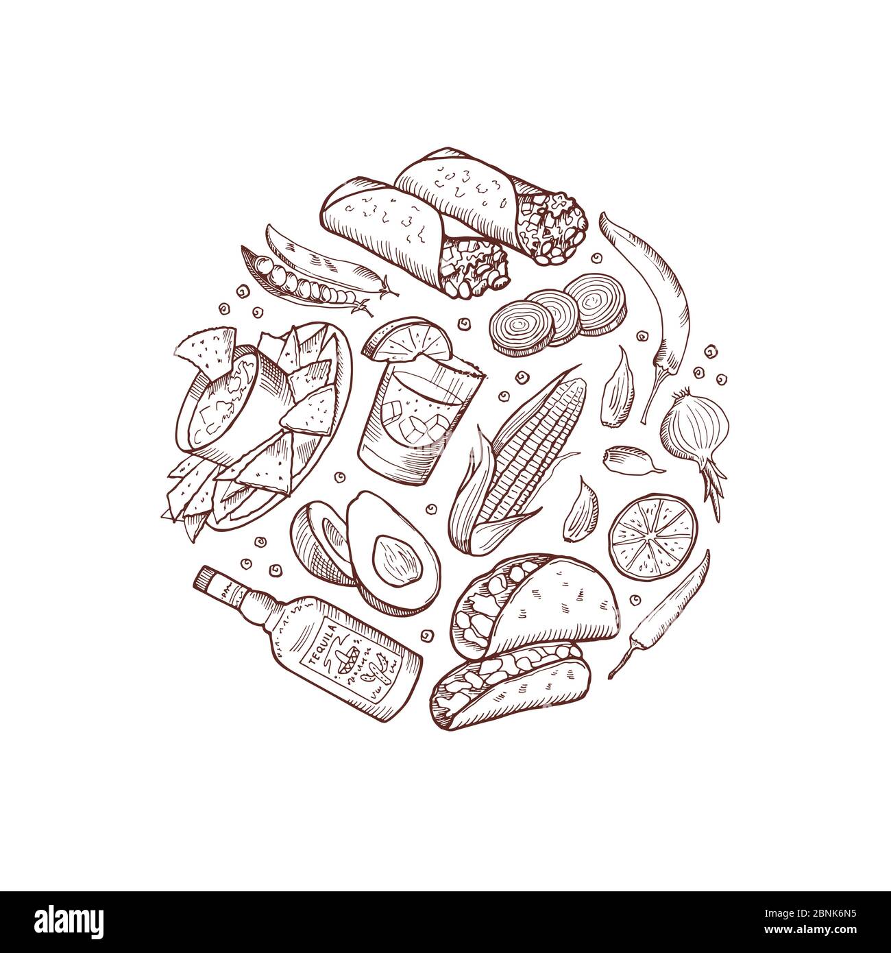 Vector sketched mexican food elements in form of circle illustration Stock Vector
