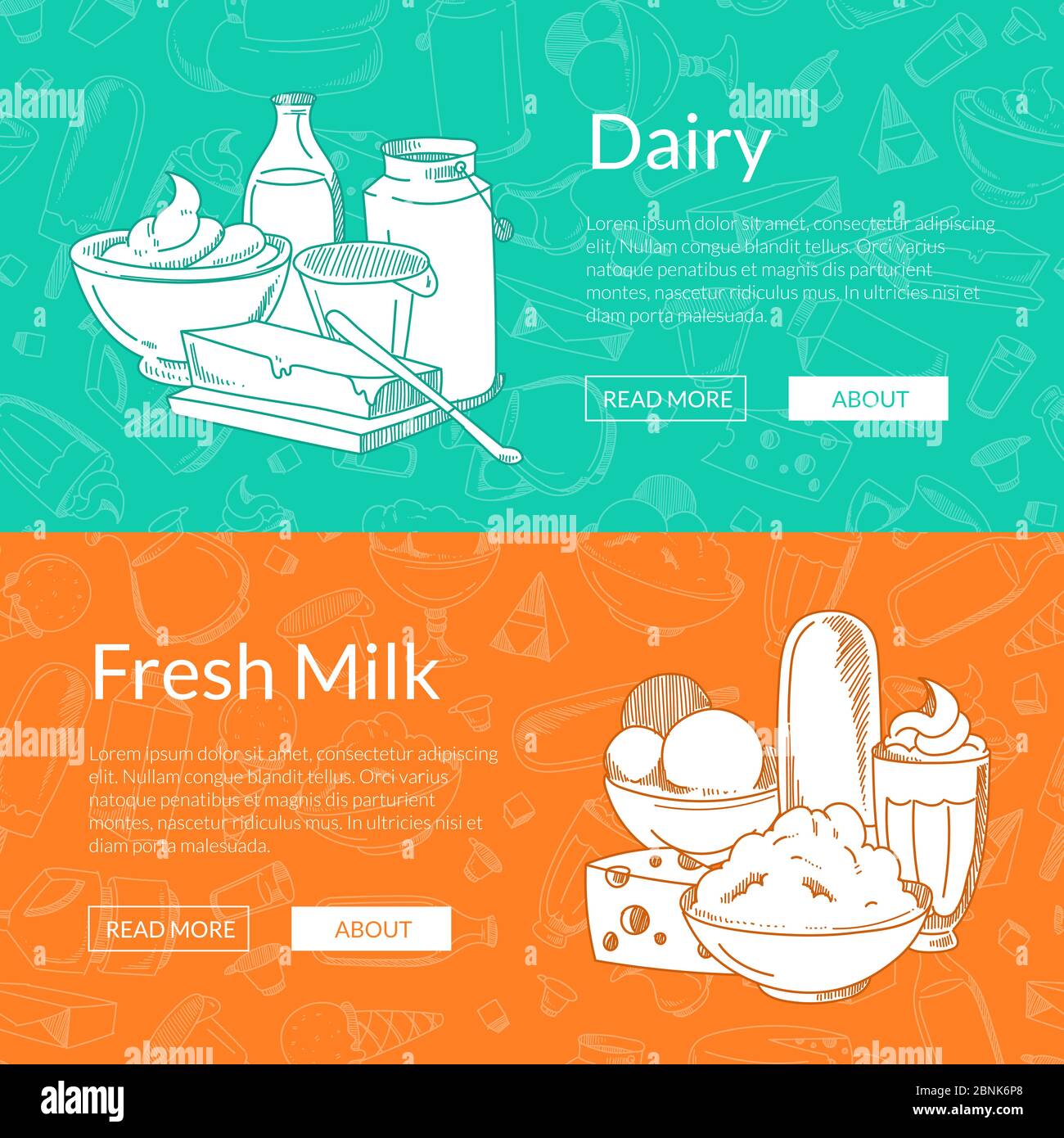 Vector horizontal banners with hand drawn dairy products Stock Vector