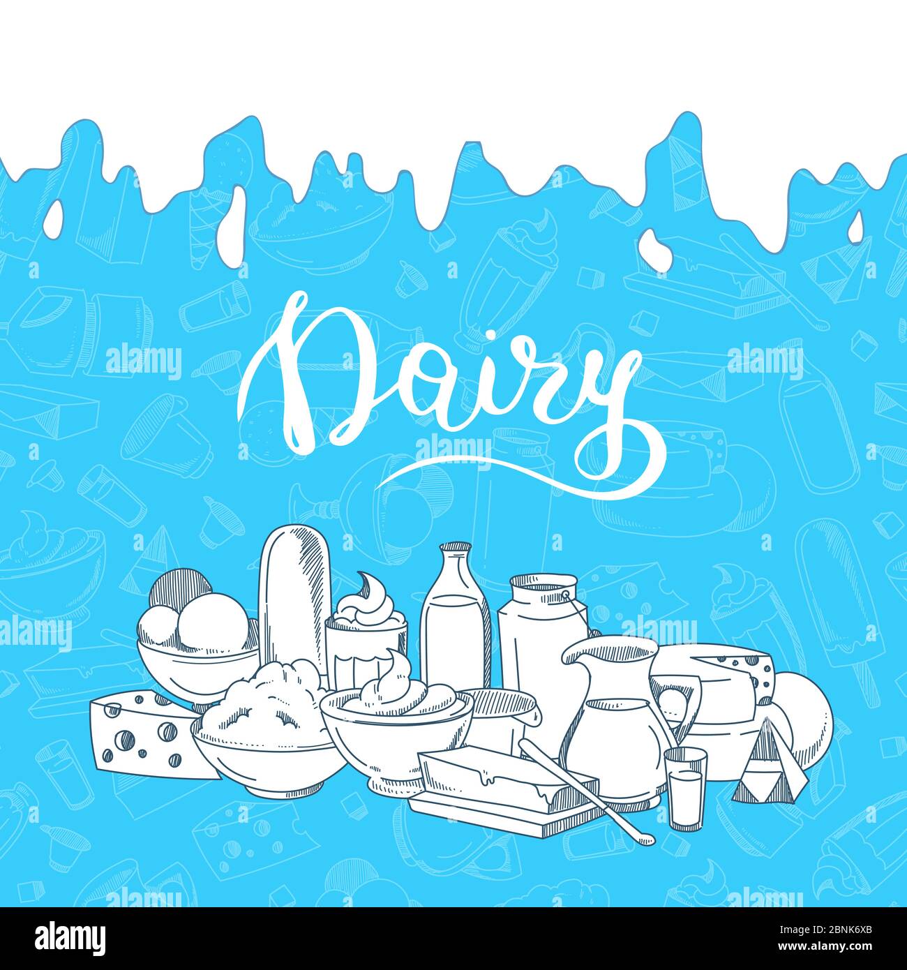 Vector illustration with big pile of sketched dairy products Stock ...