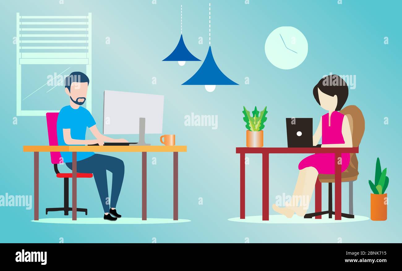 people sitting on chair and working with laptop in social networks. Flat illustration top view of woman and man relaxing at home, drinking coffee Stock Vector