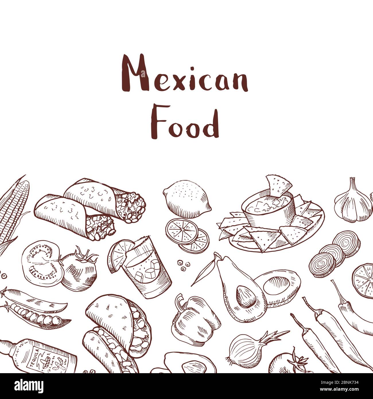 Vector sketched mexican food elements background with place for text Stock Vector
