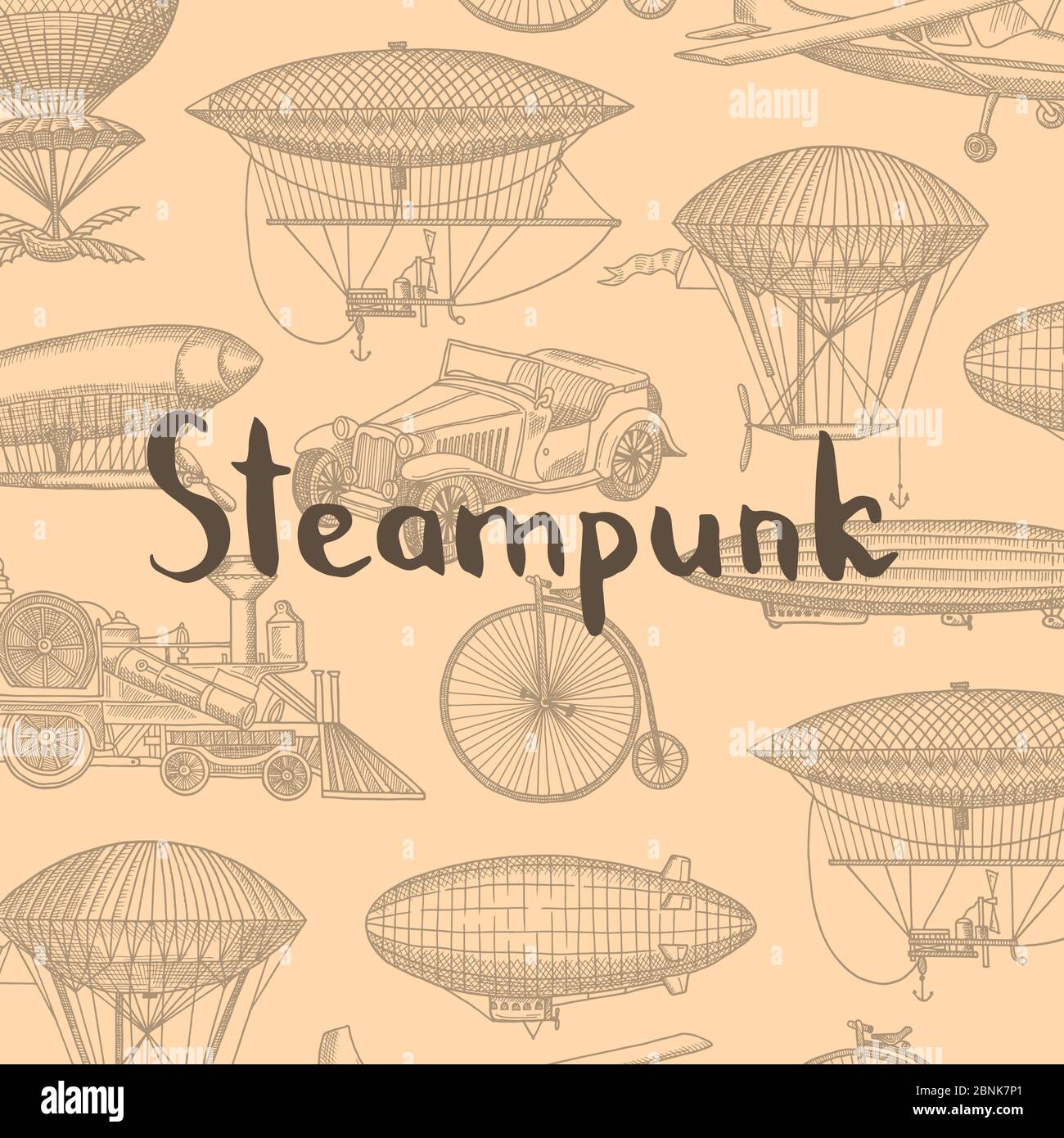 Vector background with steampunk hand drawn airships Stock Vector
