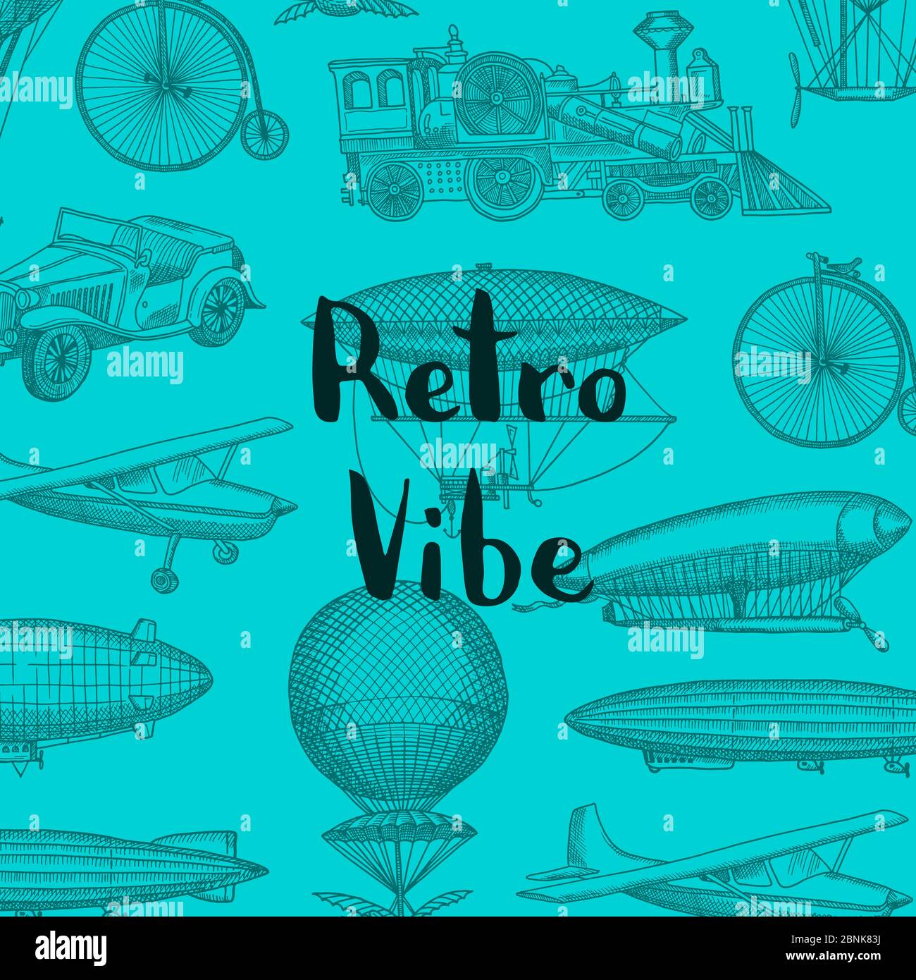 Vector background with steampunk hand drawn airships Stock Vector