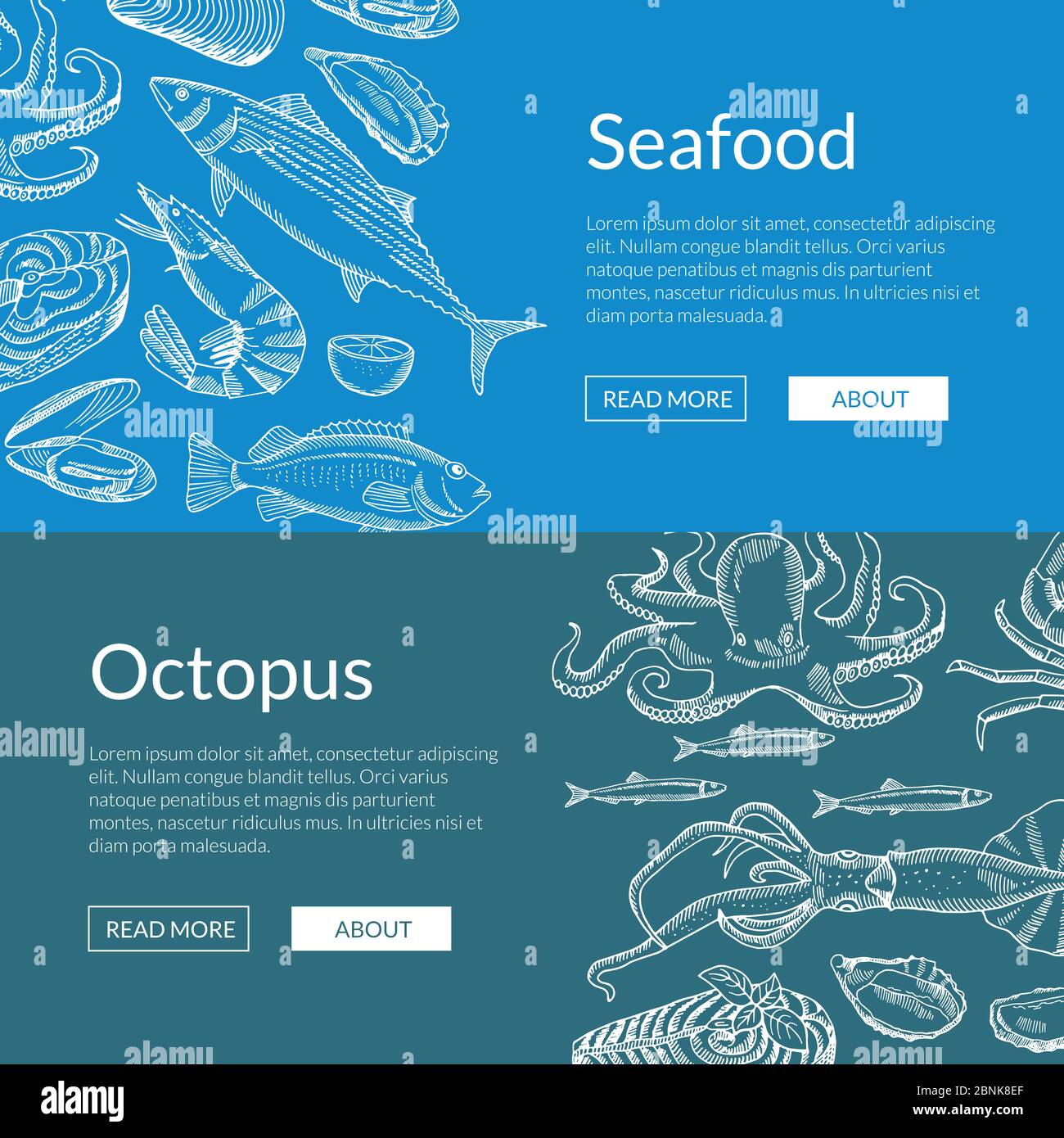Vector web banner template with hand drawn seafood elements Stock ...