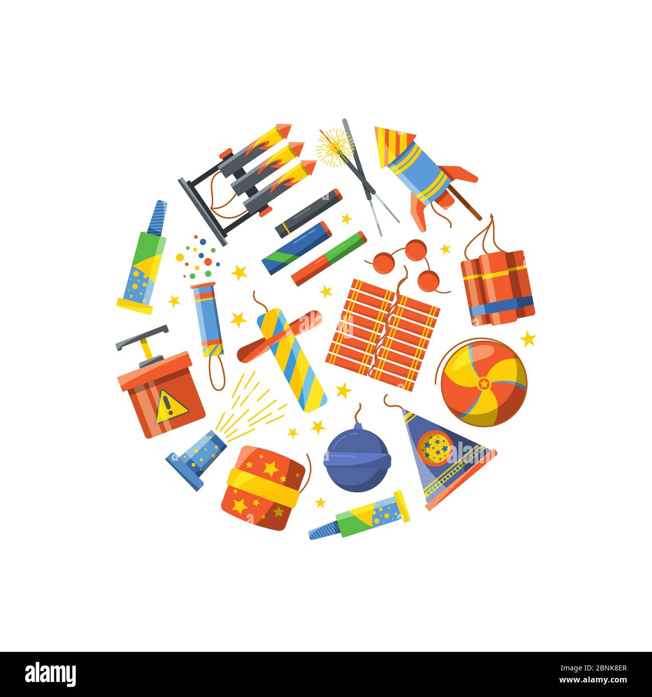 Vector cartoon pyrotechnics gathered in circle illustration Stock Vector