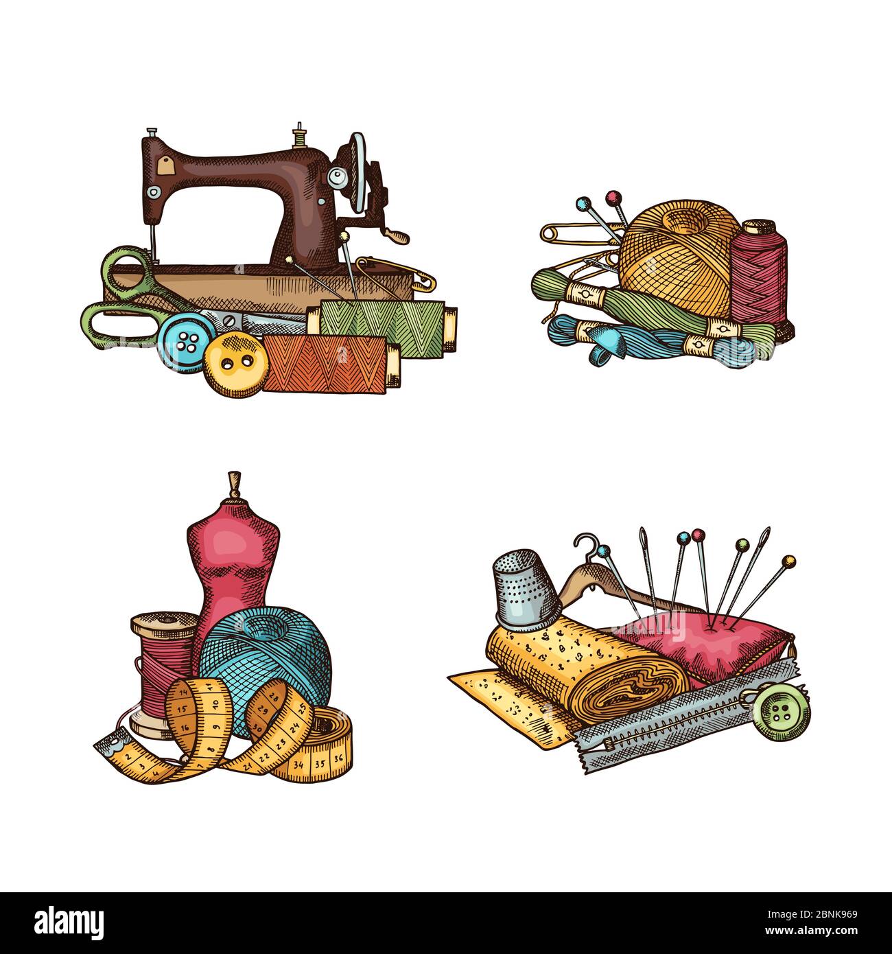Vector set of hand drawn sewing elements piles illustration Stock