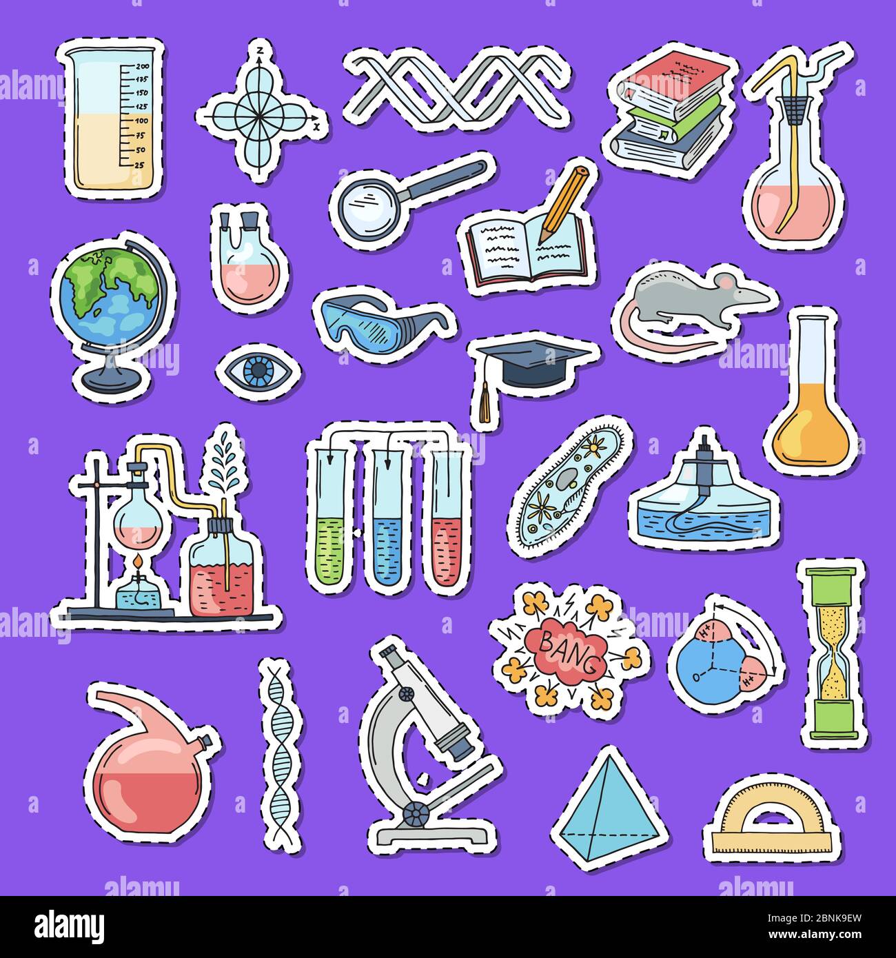 Vector sketched science or chemistry elements stickers with shadows set