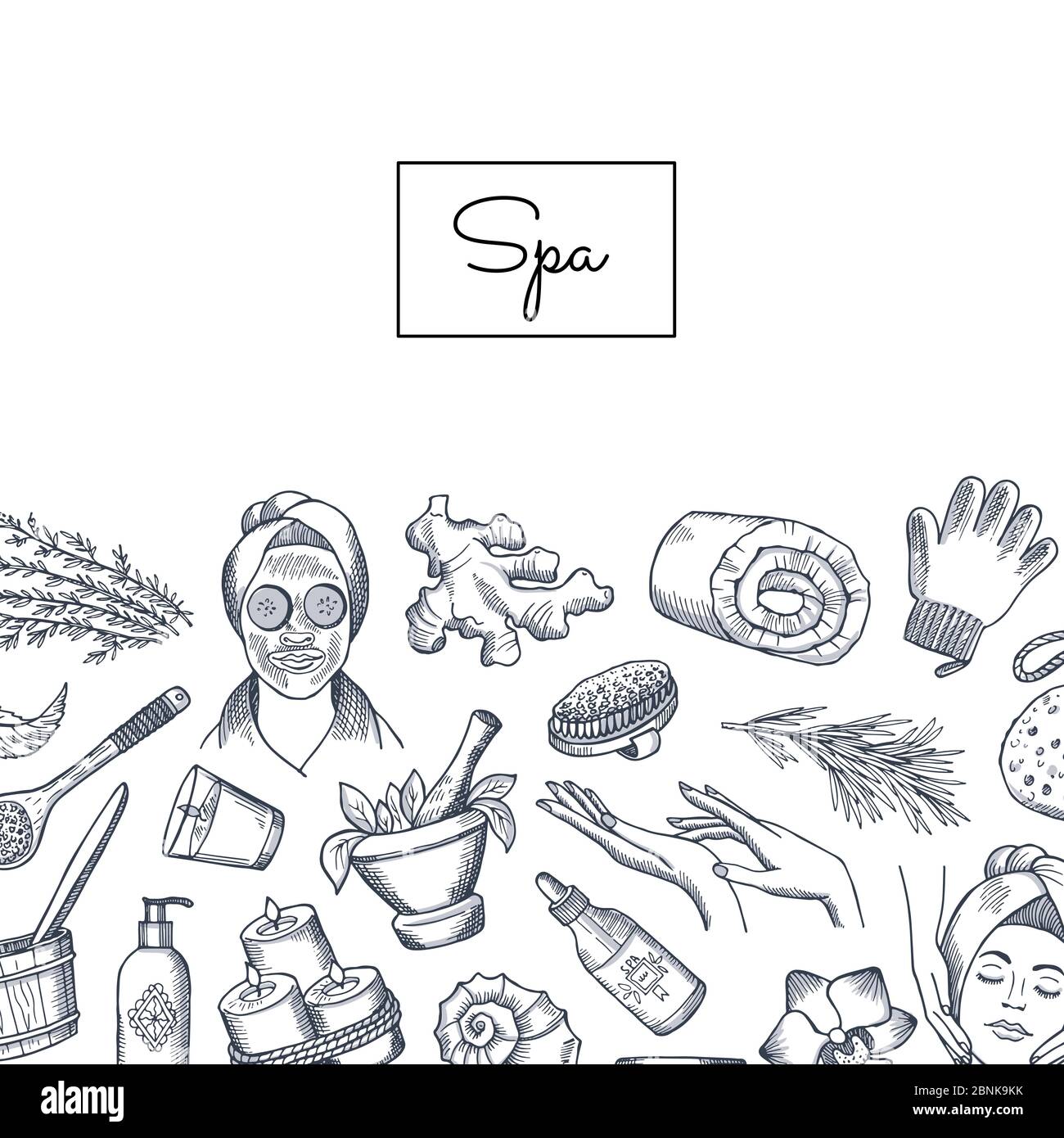 Vector hand drawn spa elements background with place for text illustration Stock Vector
