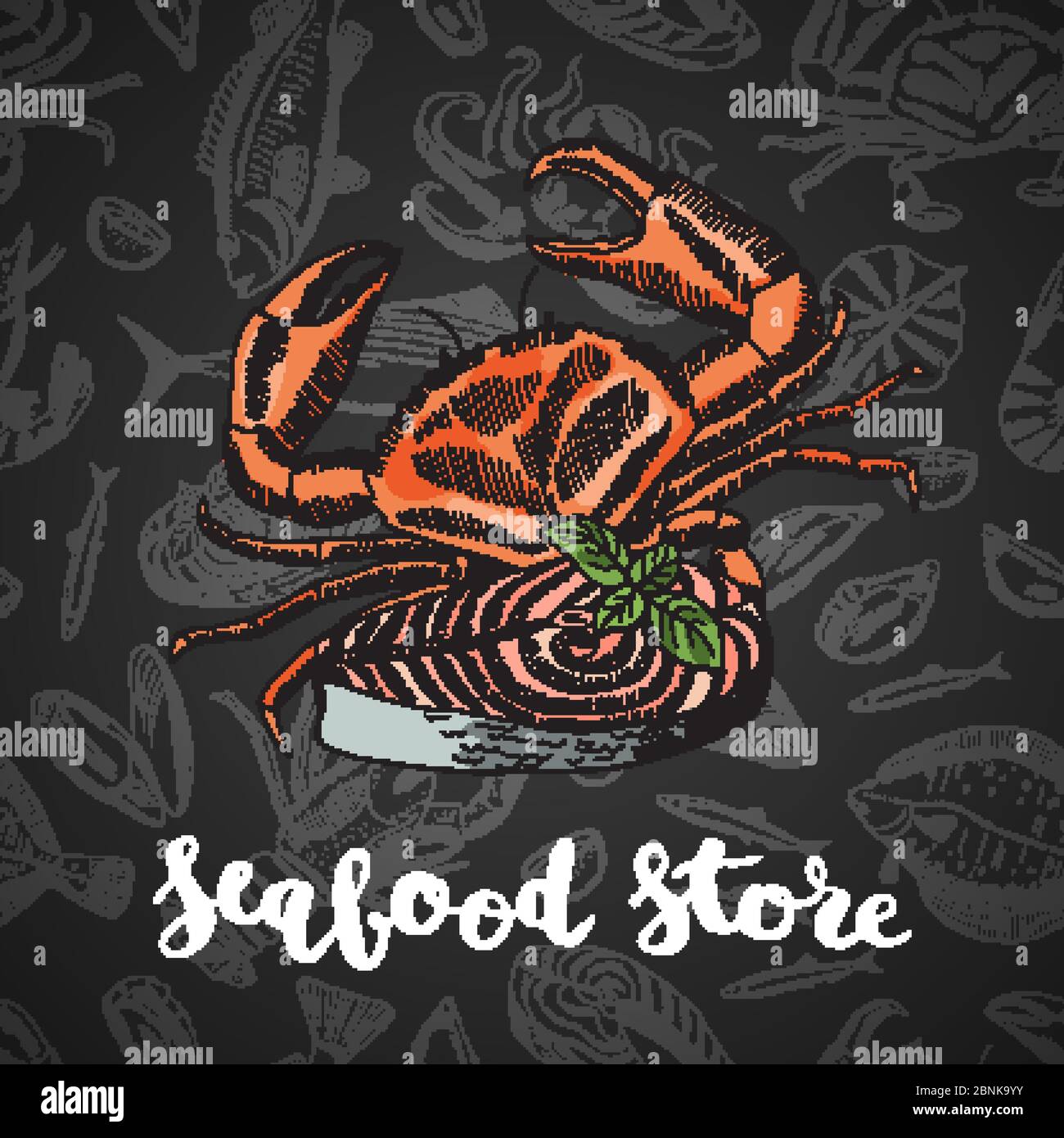 Vector hand drawn colored seafood elements composition on dark gradient ...