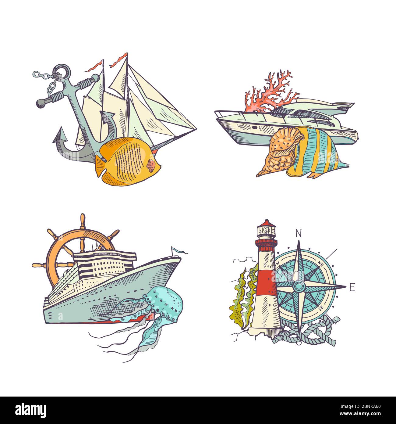Vector sketched sea colored elements piles set Stock Vector