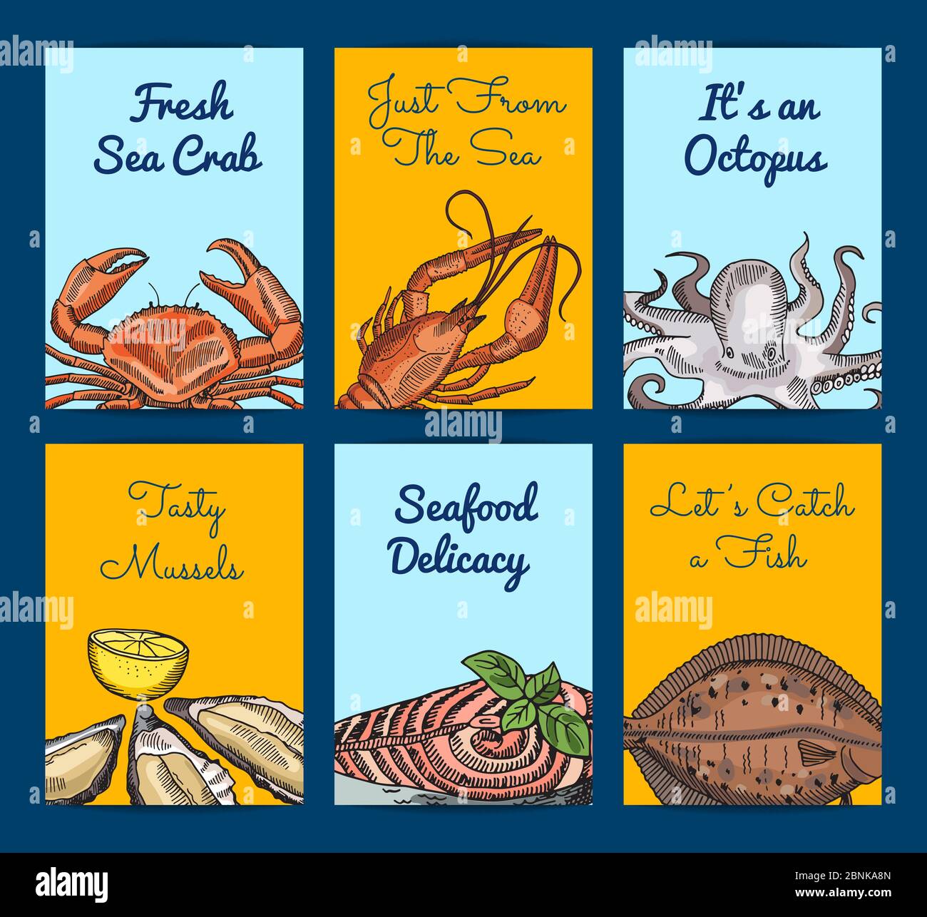 Vector card or flyer templates with colored hand drawn seafood Stock ...
