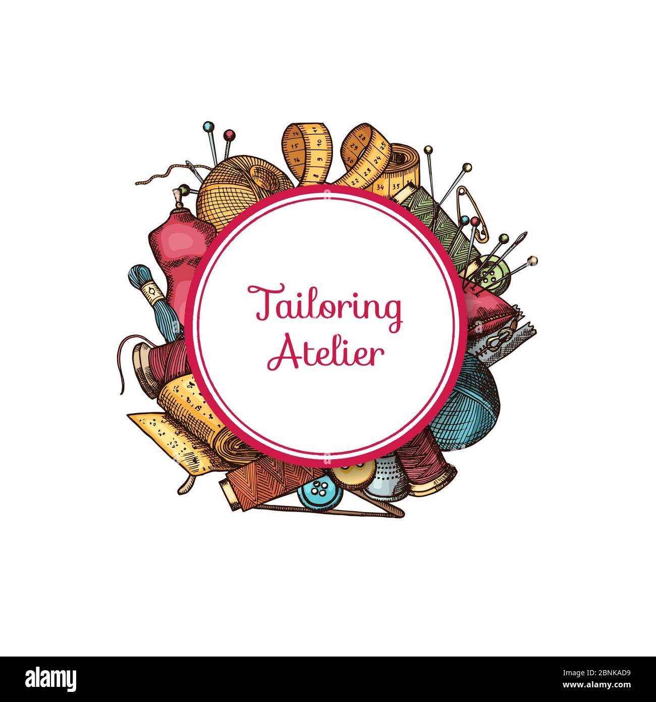 Vector hand drawn sewing elements under circle with place for text ...