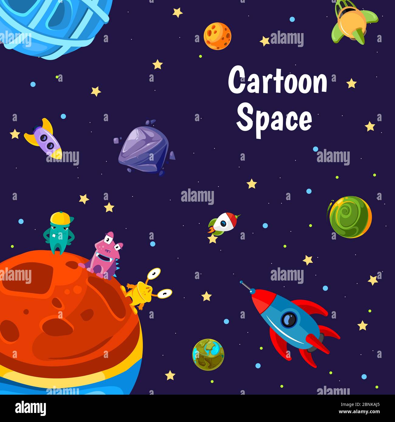 Vector with cartoon space planets and ships Stock Vector