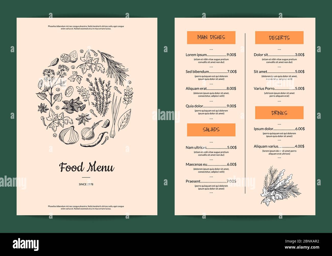 Vector restaurant or cafe menu with hand drawn herbs and spices Stock