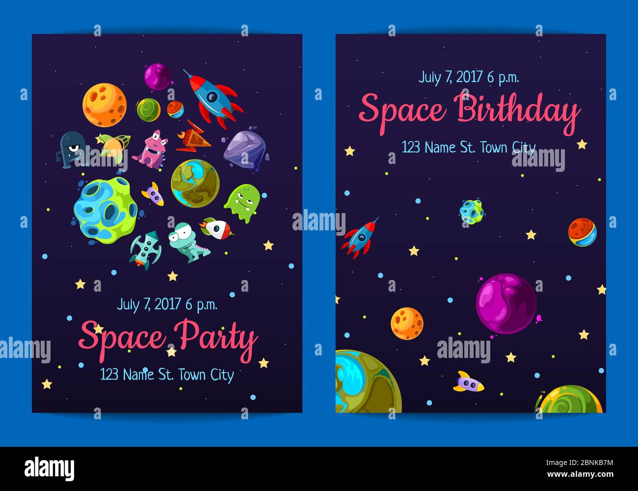 Vector space birthday party invitation templates with space elements, planets and ships Stock Vector