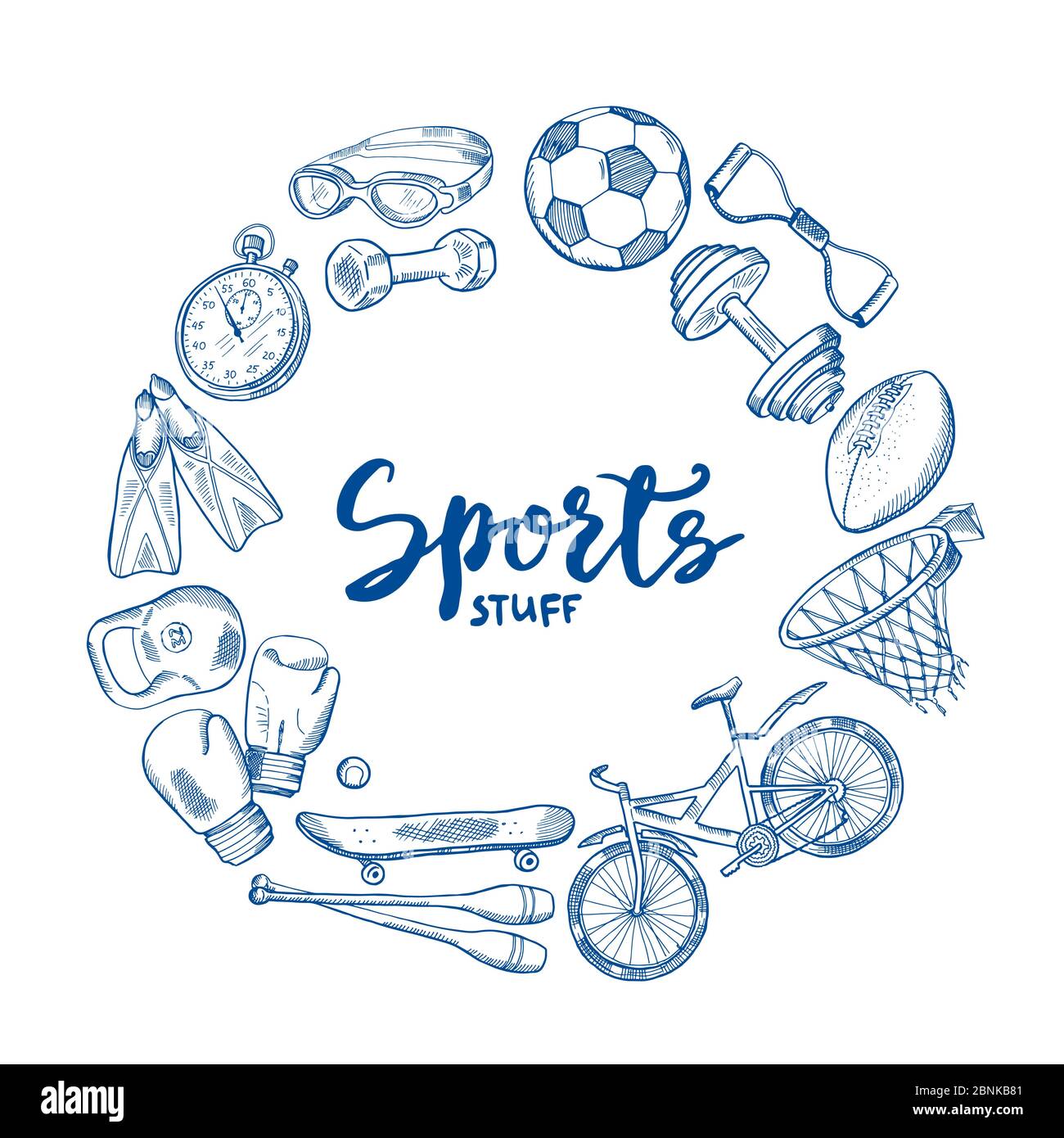 Vector hand drawn sports tools circle concept with lettering in center ...