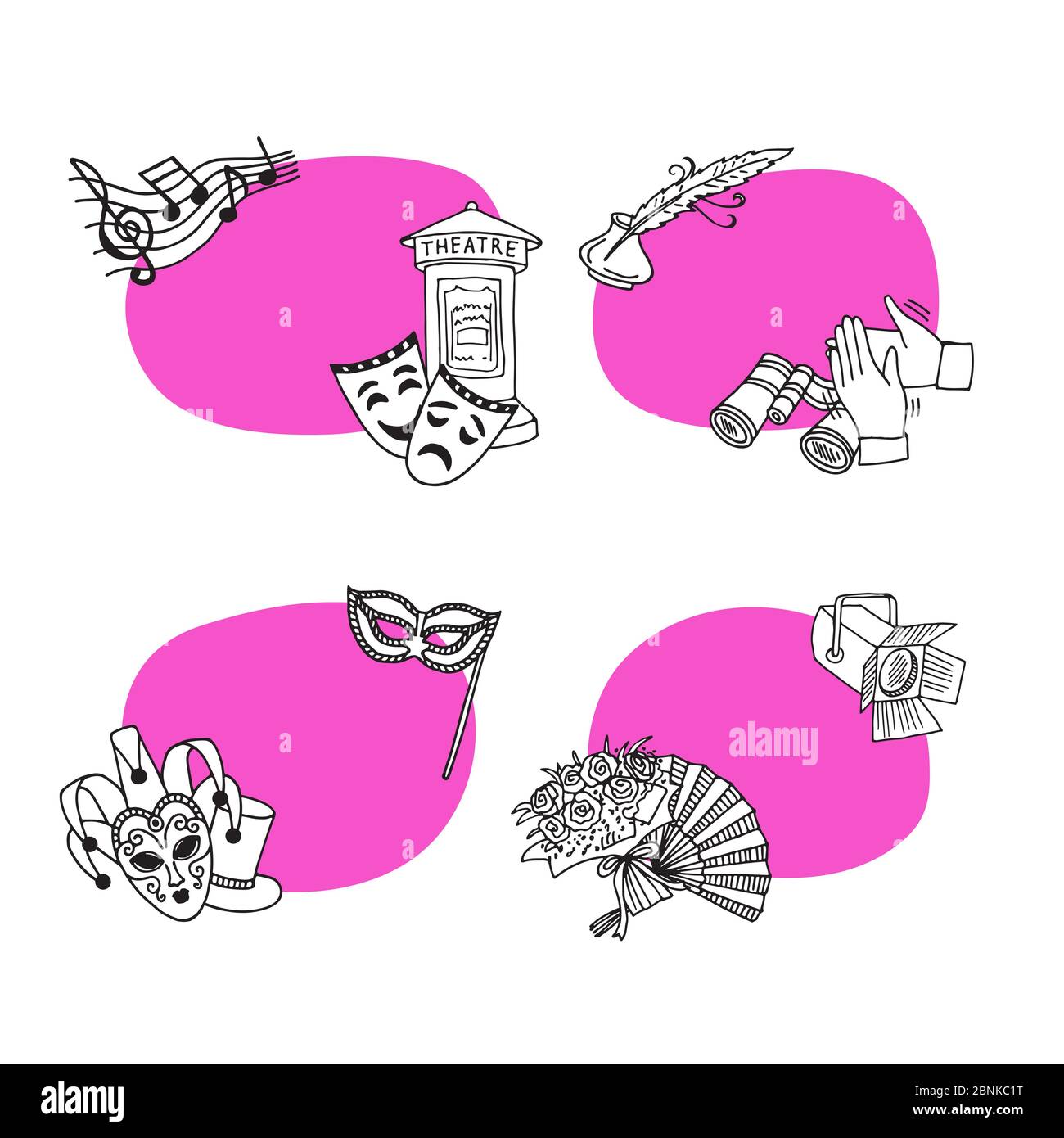 Vector set of stickers with doodle theatre elements Stock Vector