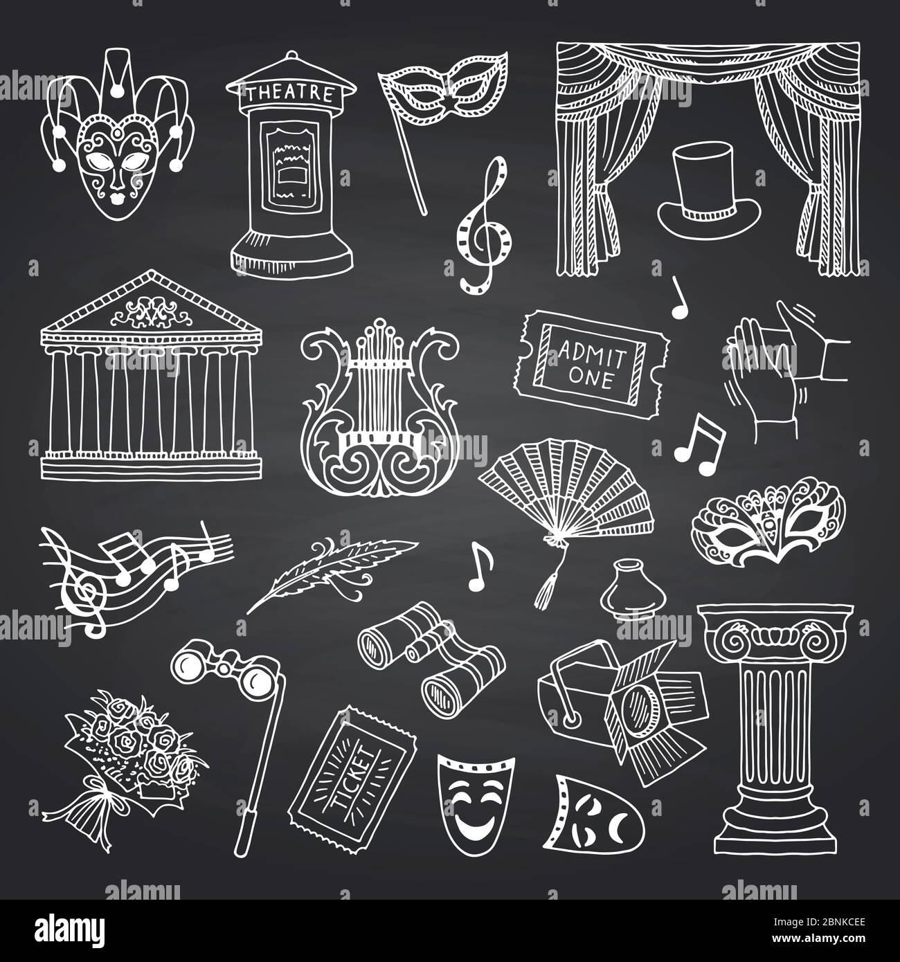 Vector set of doodle theatre elements on black chalkboard illustration
