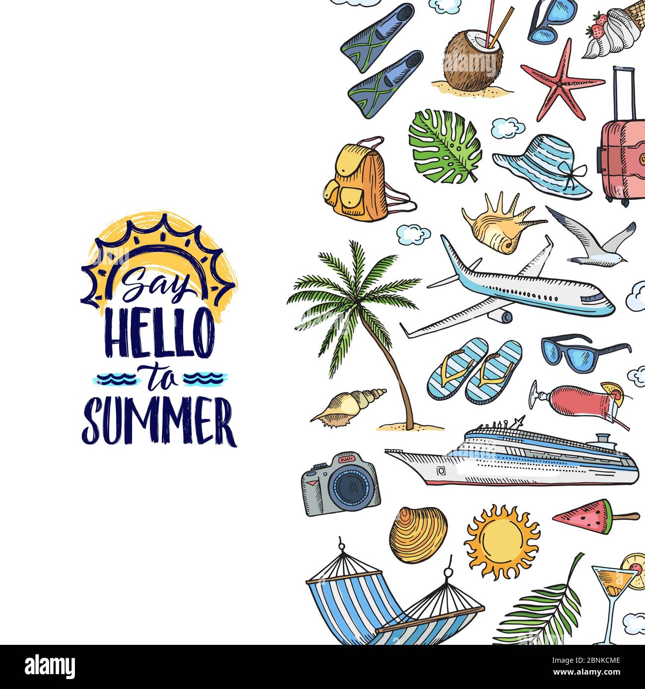 Vector hand drawn summer travel elements background with place for text ...