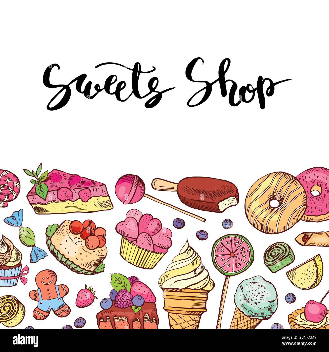 Vector hand drawn colored sweets shop or confectionary Stock Vector