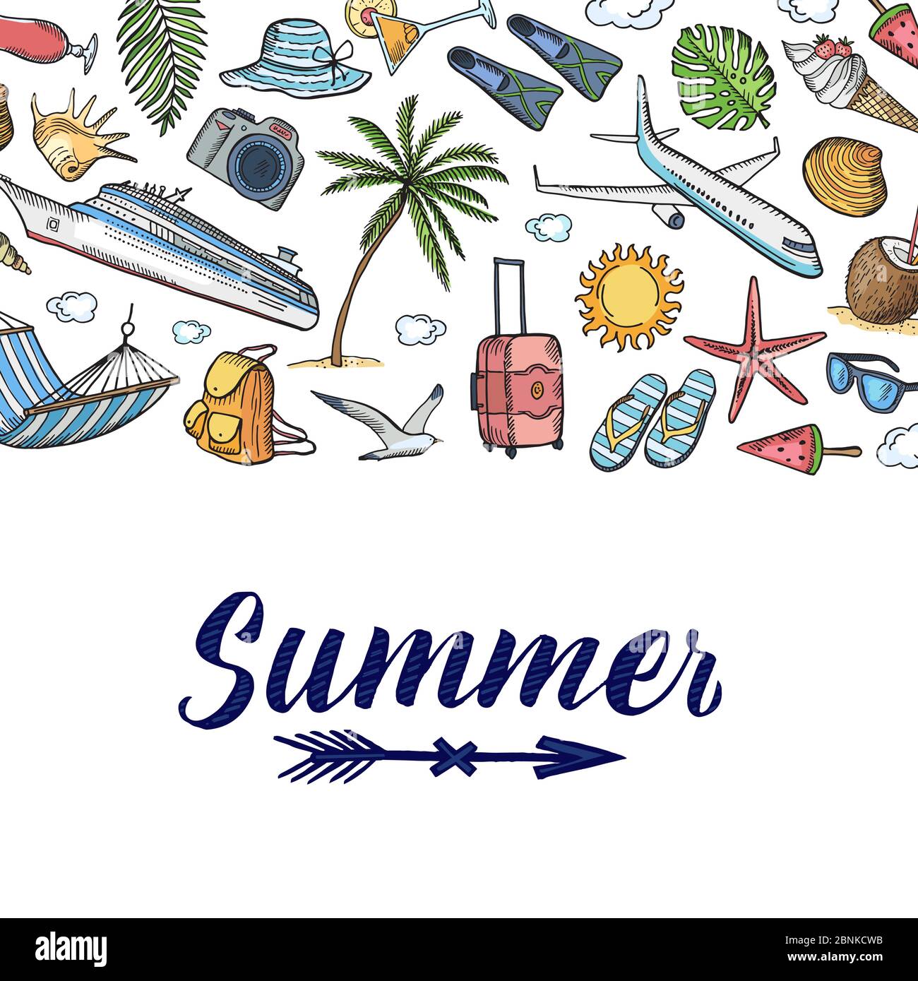Vector hand drawn summer travel elements background with place for text ...