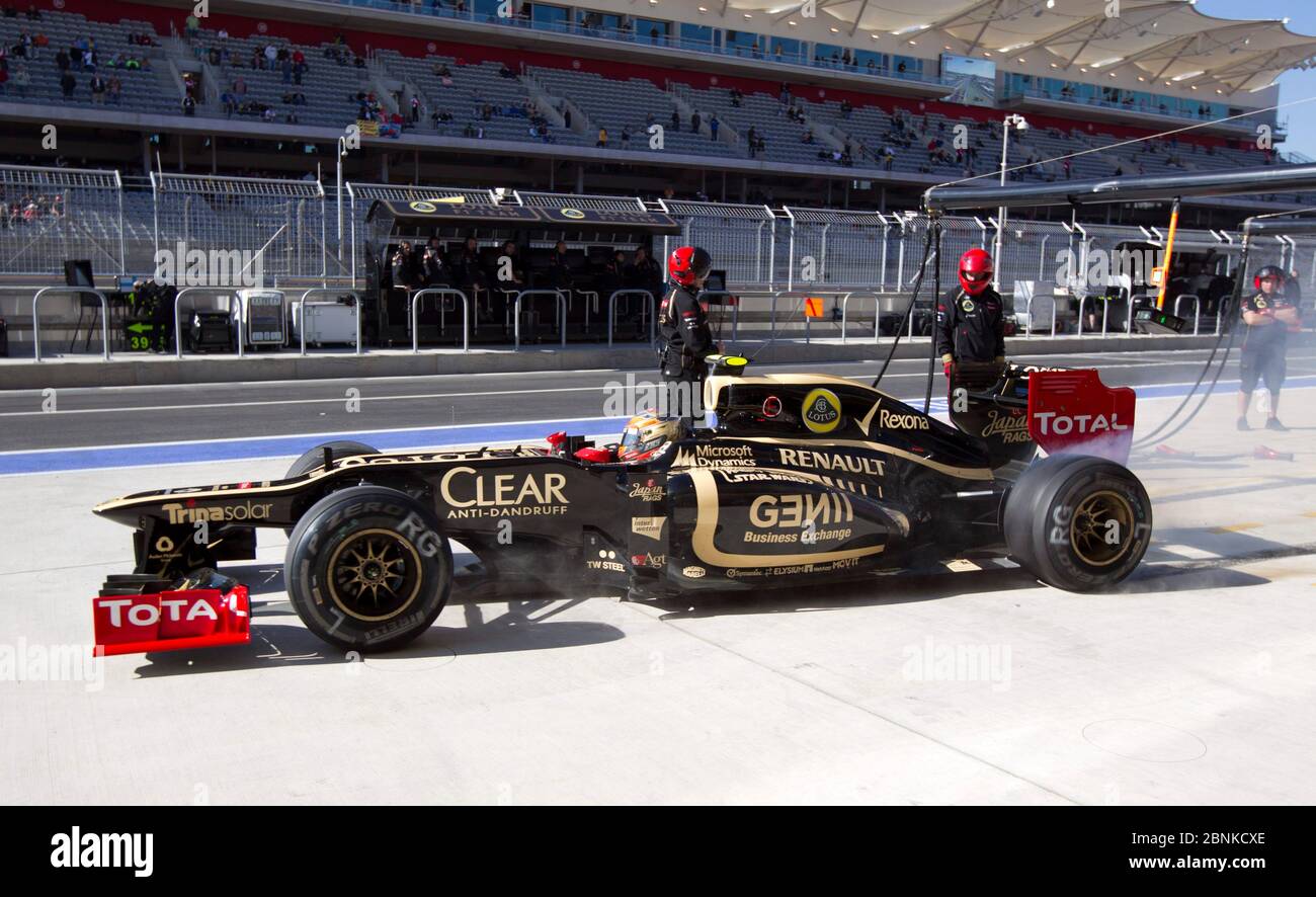 Austin Texas USA, November 16, 2012:   Romain Grossjean of Lotus heads out of the pits at the Formula One Friday morning practice session before Sunday's United States Grand Prix race at Circuit of the Americas track. ©Bob Daemmrich Stock Photo