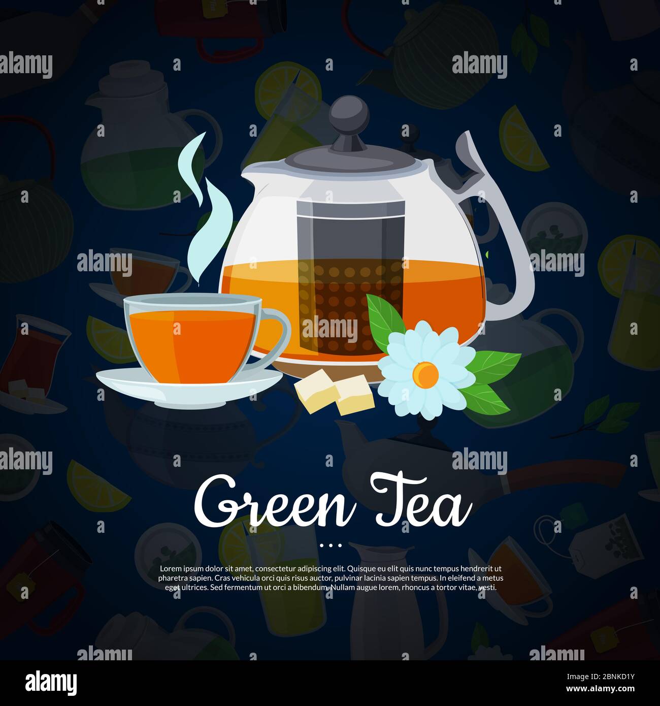 Vector cartoon tea kettles and cups background with place for text