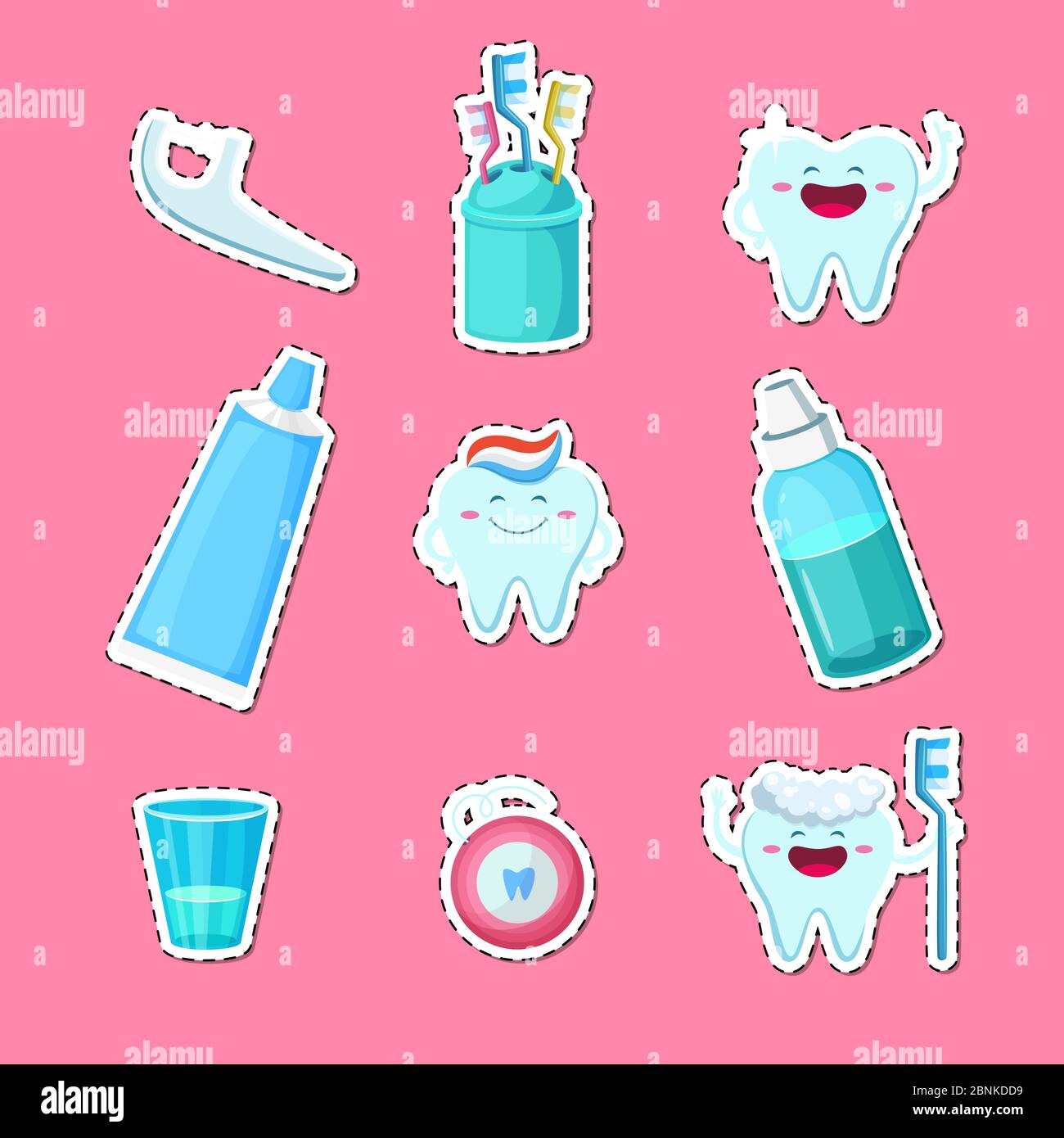 Vector cartoon teeth hygiene stickers isolated on plain background Stock Vector