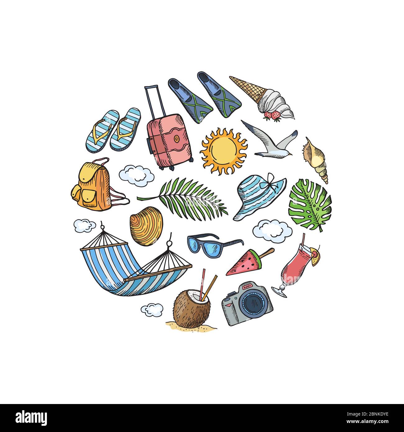 Vector hand drawn summer travel elements in circle shape illustration ...