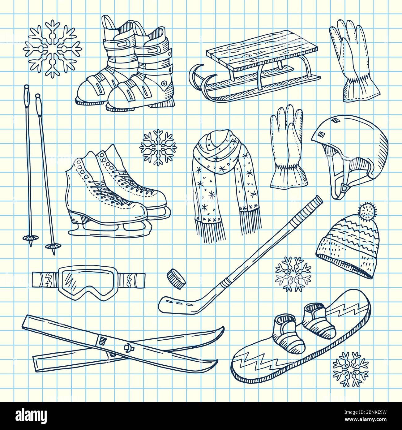 Vector hand drawn winter sports equipment on notebook Stock Vector