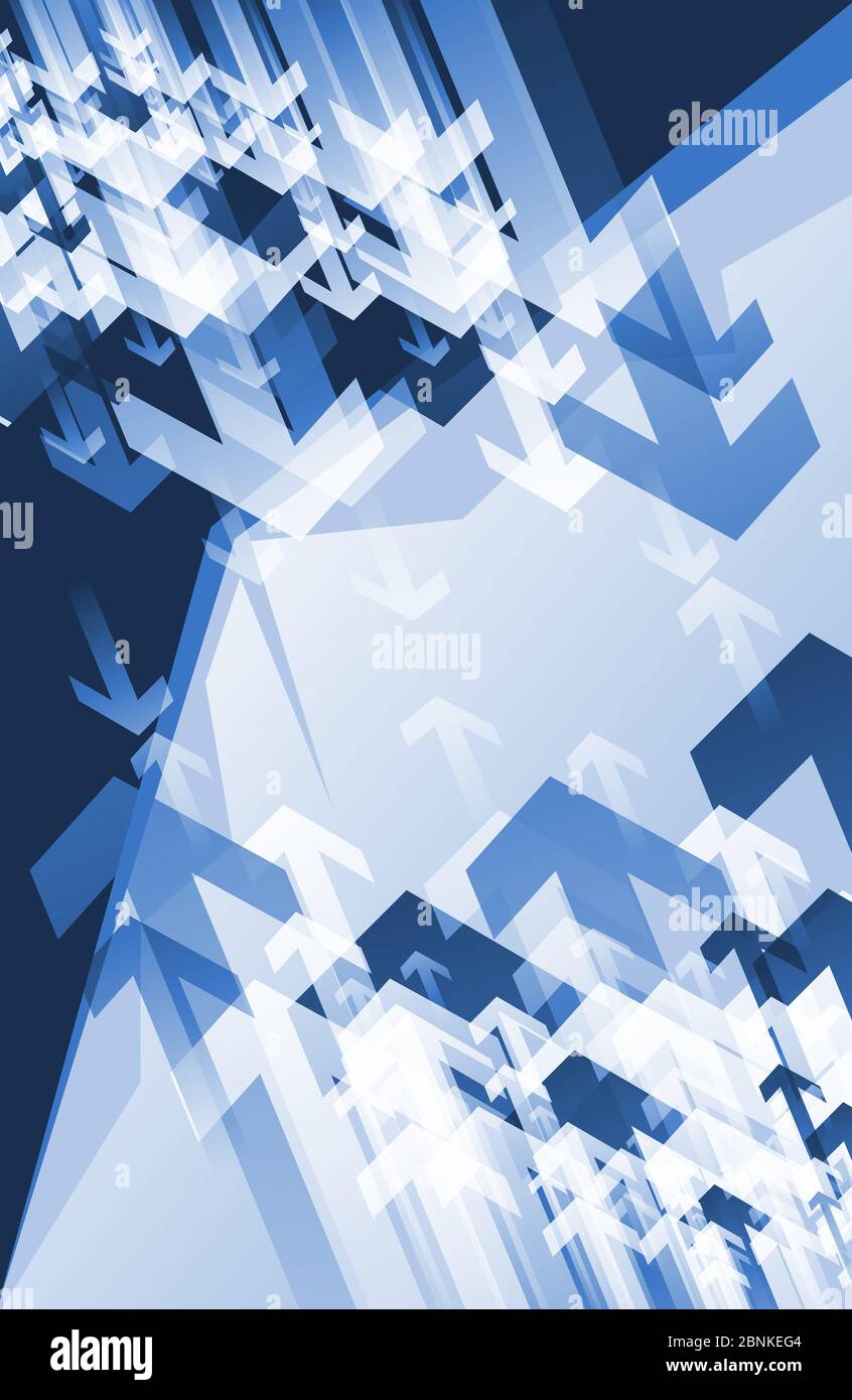 Graphic Art In Blue With Multiple Arrows Pointing Up And Down Towards Each Other. Stock Photo
