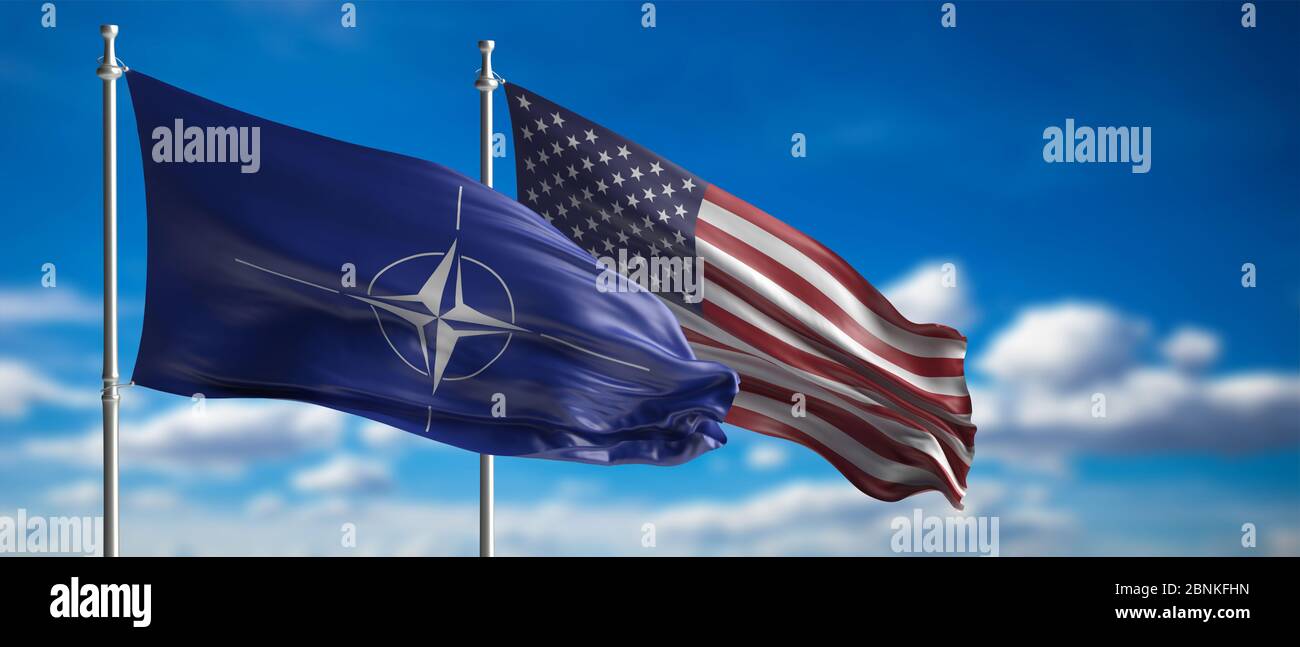 NATO and US America flags waving on blue sky background, North Atlantic