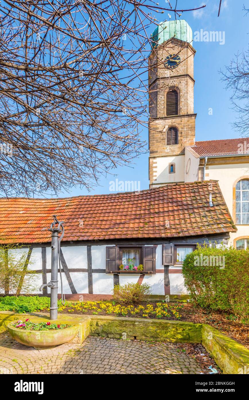 Burgkirche in Bad Dürkheim, formerly Protestant parish church, built in baroque style on the bottom of the Leiniger castle, which was destroyed in the Palatinate War of Succession, now serves as a community center and houses the Bad Dürkheim art association, Stock Photo