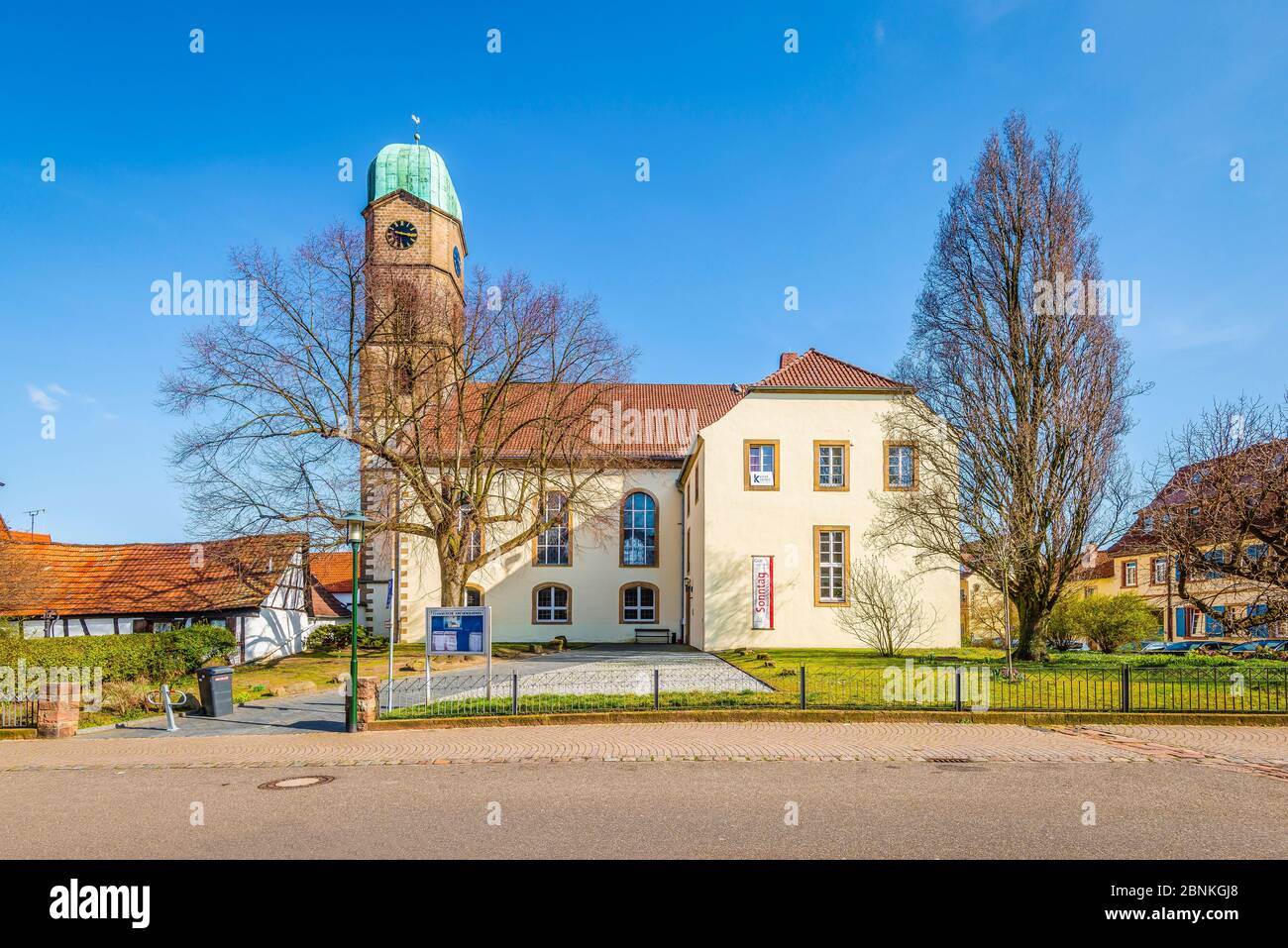 Burgkirche in Bad Dürkheim, formerly Protestant parish church, built in baroque style on the bottom of the Leiniger castle, which was destroyed in the Palatinate War of Succession, now serves as a community center and houses the Bad Dürkheim art association, Stock Photo