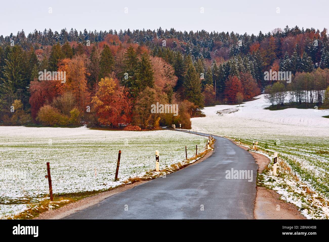 Country road, wet, snow, ice, autumn Stock Photo