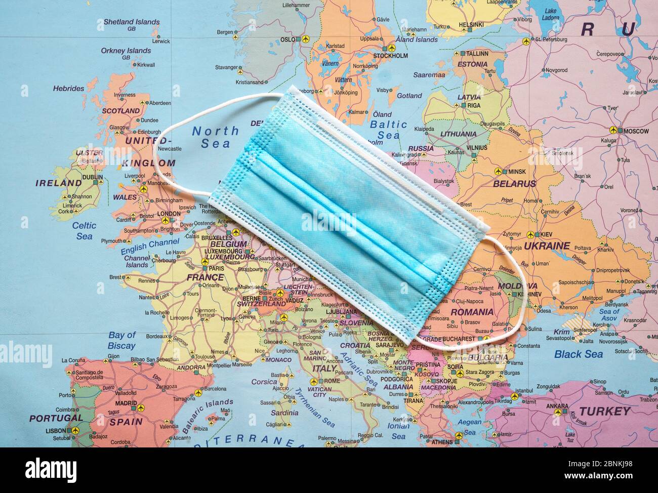 Medical mask on Europe map. Travel during Covid19 concept Stock Photo