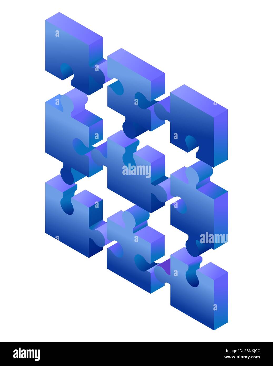Isometric blue gradient puzzle pieces isolated on white background. Concept of teamwork, communication, problem or challenge solution. Stock Vector