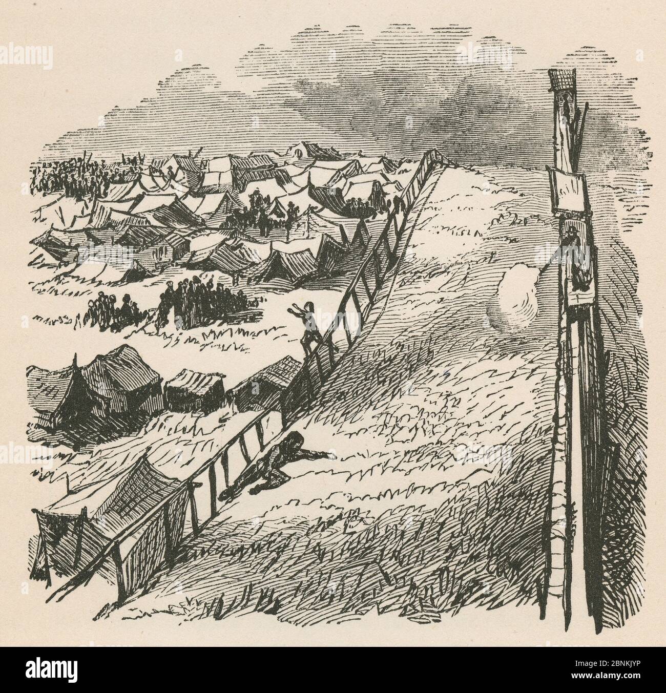 Antique 1866 engraving, “view of the palisade and dead line” from The Soldier's Story by Goss. “He announced his determination to die, and getting over the dead line, was shot through the heart.” Andersonville Prison was a Confederate prisoner of war camp in Andersonville, Georgia, during the American Civil War. SOURCE: ORIGINAL ENGRAVING Stock Photo