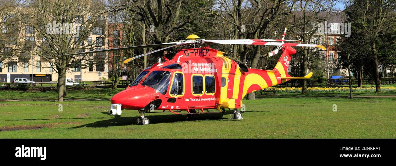 The Essex and Herts Air Ambulance in Central Park, Chelmsford City, Essex County, England, UK Stock Photo