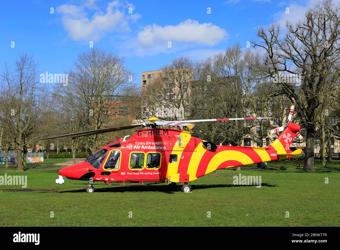 The Essex and Herts Air Ambulance in Central Park, Chelmsford City, Essex County, England, UK Stock Photo