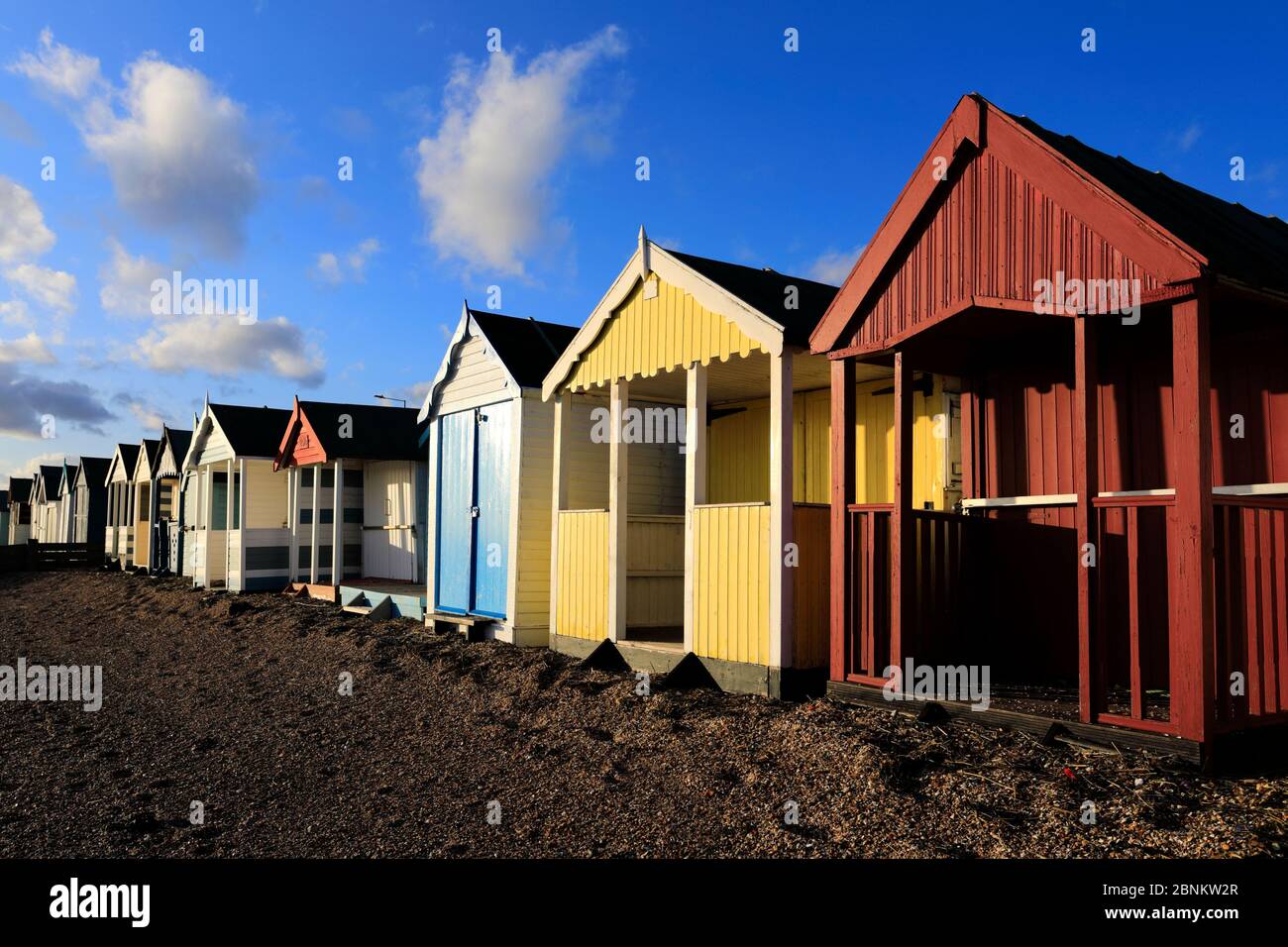 Colourful beachuts at Southend-on-Sea town, Thames Estuary, Essex, County, England, UK Stock Photo