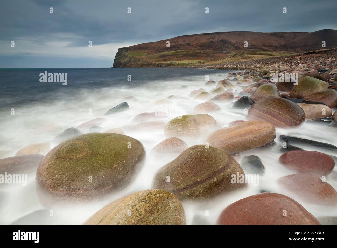 Coloured rocks, Rackwick Bay, Isle of Hoy, Orkney Isles, Scotland, UK, October 2014. Stock Photo