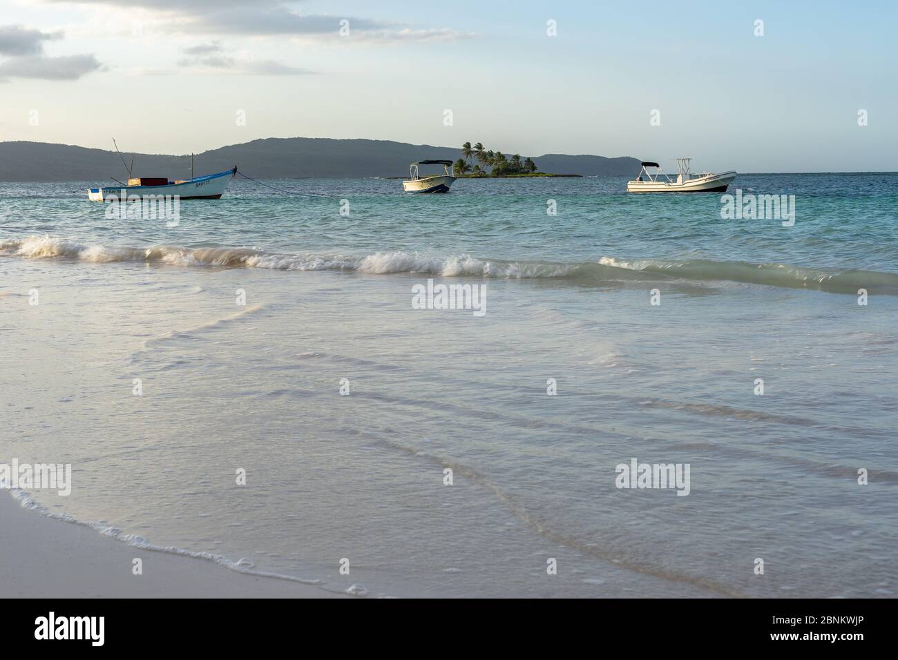 Caribbean, Greater Antilles, Dominican Republic, Samaná, Las Galeras, fishing boats on Playa Grande beach in Las Galeras Stock Photo