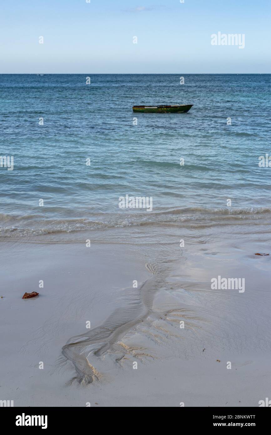 Caribbean, Greater Antilles, Dominican Republic, Samaná, Las Galeras, fishing boat on Playa Grande beach in Las Galeras Stock Photo