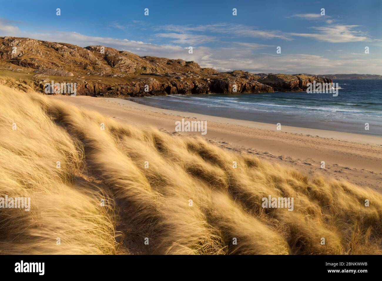 Oldshoremore Beach and dunes in evening light, Kinlochbervie, Sutherland, Scotland, UK, April 2014. Stock Photo