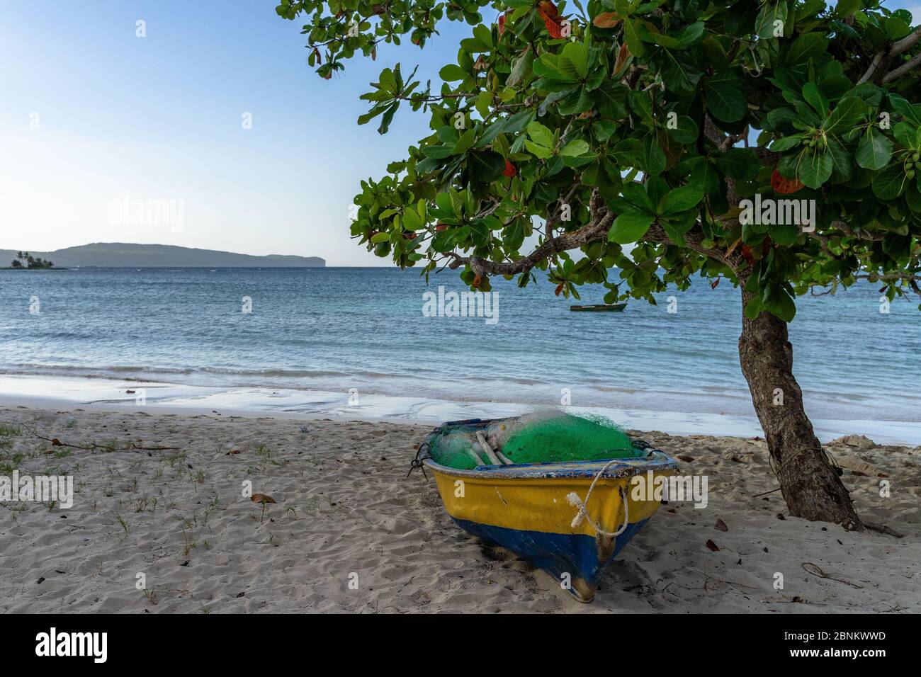 Caribbean, Greater Antilles, Dominican Republic, Samaná, Las Galeras, fishing boat on Playa Grande beach in Las Galeras Stock Photo