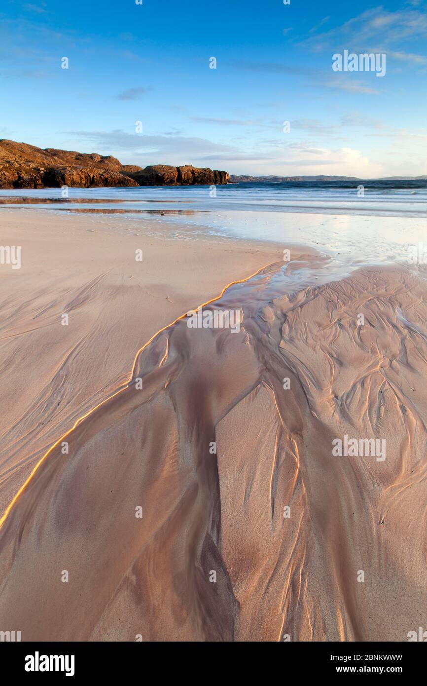 Oldshoremore Beach, sand patterns in evening light, Kinlochbervie, Sutherland, Scotland, UK, April 2014. Stock Photo