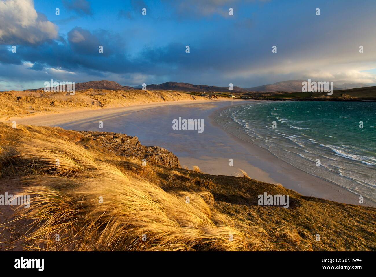 Balnakeil Beach and dunes in late evening light, near Durness, Sutherland, Scotland, UK, April 2014. Stock Photo